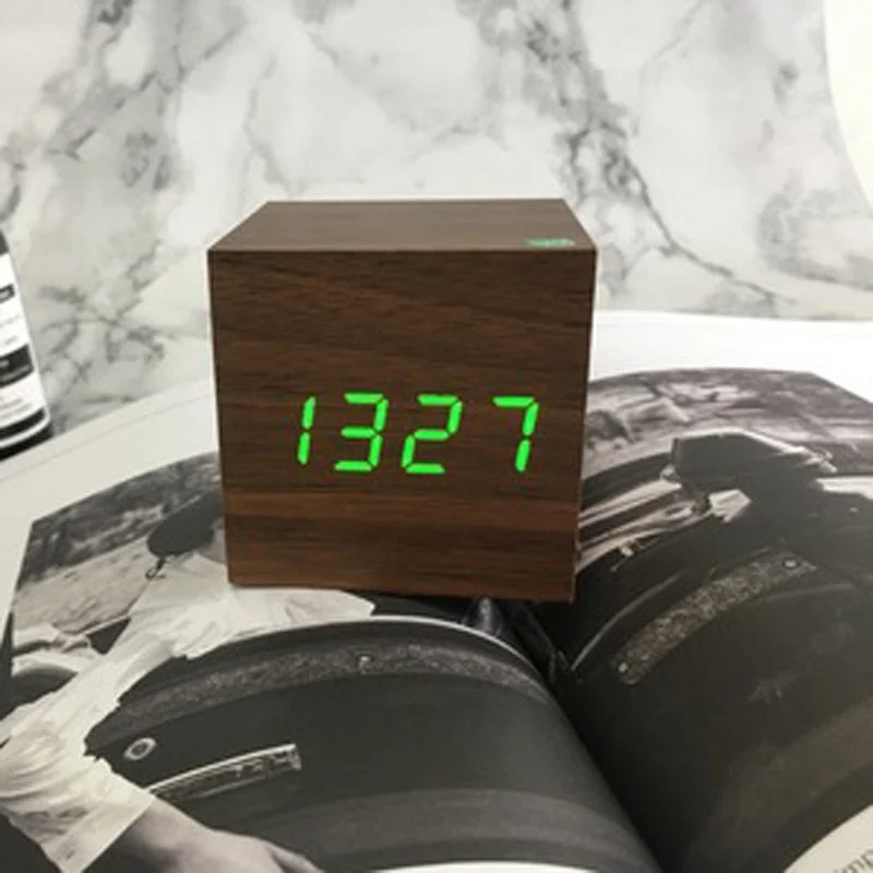 Wooden Digital LED Alarm Clock Voice Control USB/AAA Powered Electronic Table Clock Multifunction Temperature Desk Watch Decor