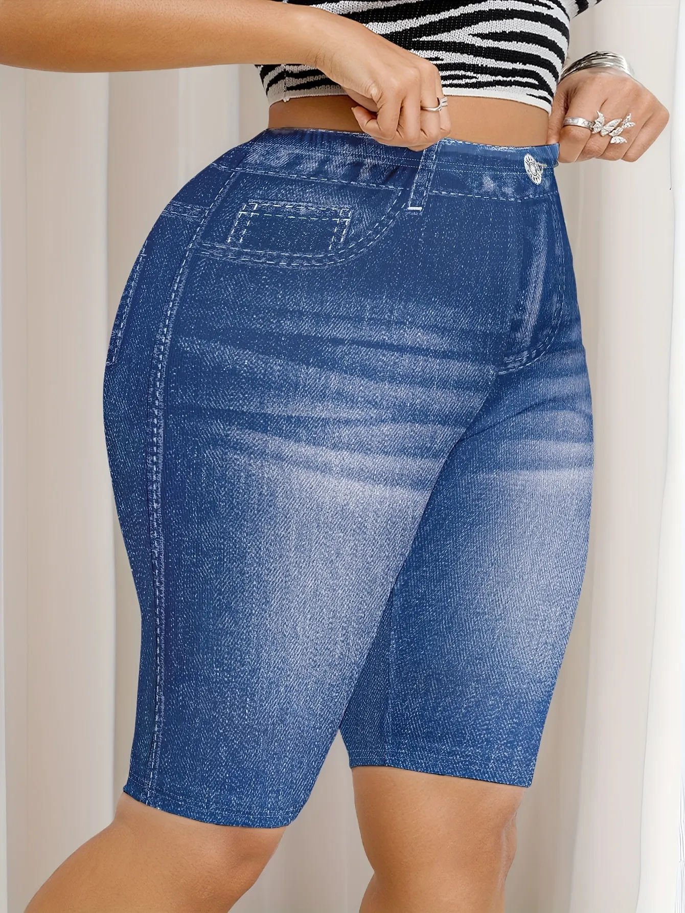Womens High-Elasticity Faux Denim printed mid-thigh shorts with decorative buttons stylish | IFYHOME