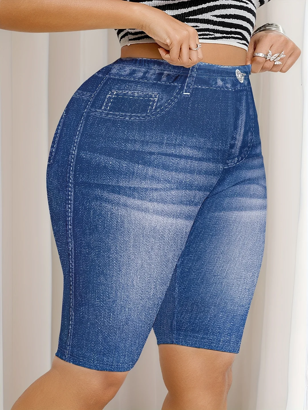 Women's High-Elasticity Faux Denim Printed Mid-Thigh Shorts With Decorative Buttons - Stylish, Comfortable, And Breathable For Casual Wear Or Lifestyle, High Waisted Short | IFYHOME