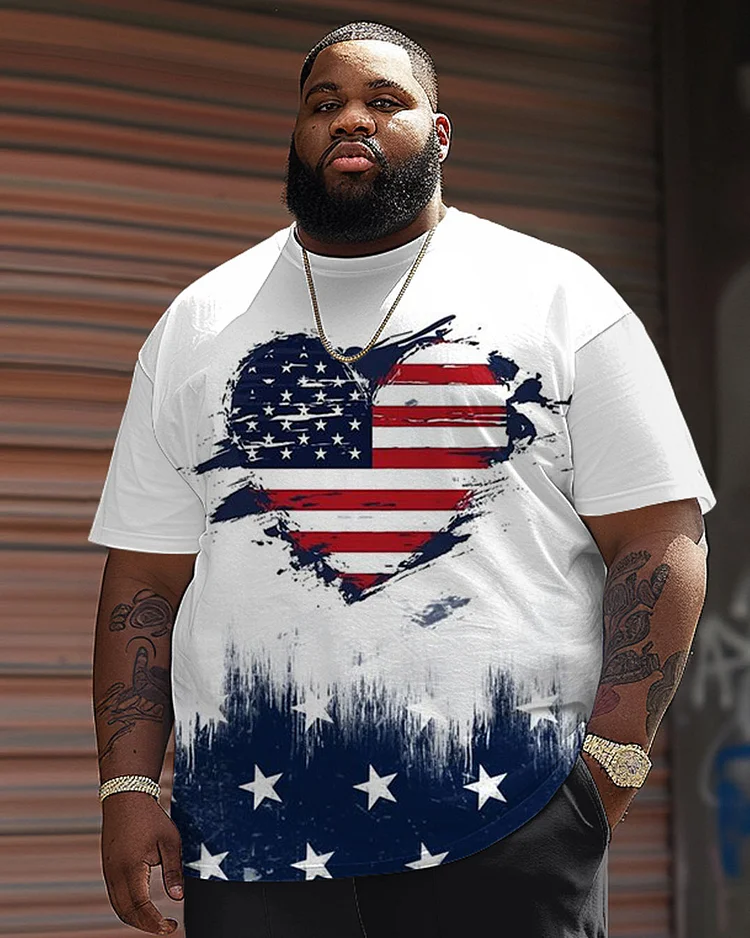 Men's Plus Size Independence Day Flag Love Crewneck Short Sleeve T-Shirt
