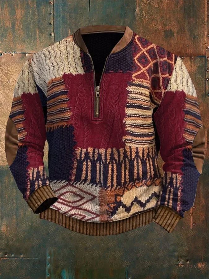 Men'S Retro Print Casual Zip Sweater
