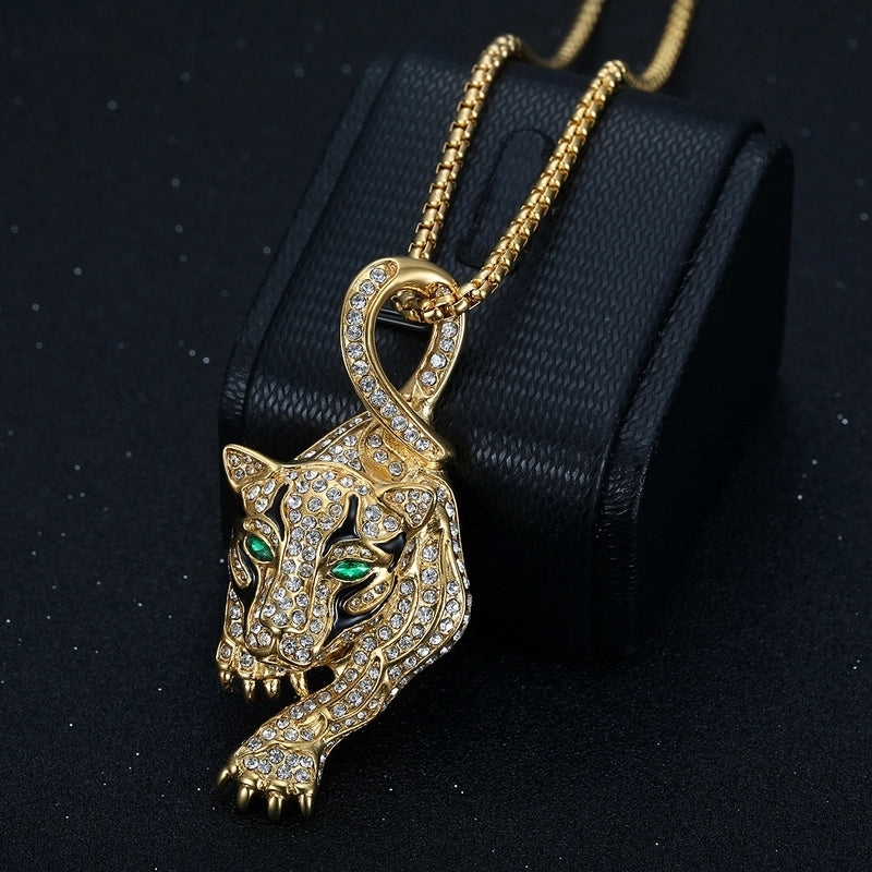 Hip-Hop Jaguar Titanium Steel Enamel Plating Rhinestones 18K Gold Plated Men's