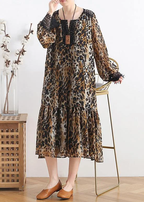 Simple lapel patchwork chiffon dress Casual Work Outfits Leopard A Line Dress