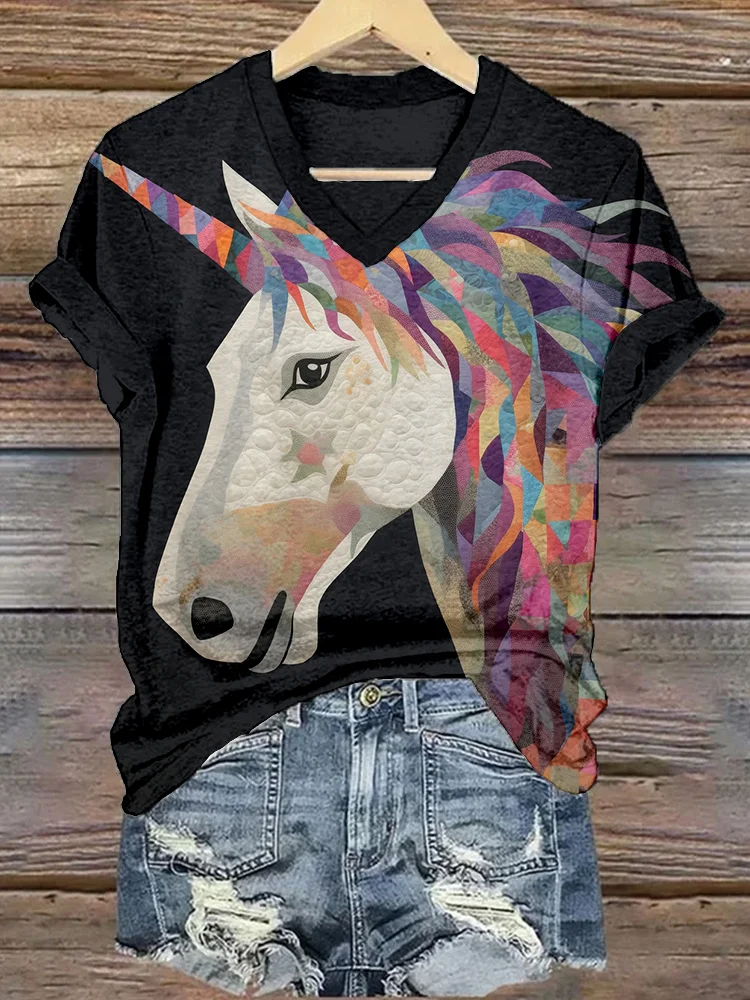 Unicorn Patchwork Art V Neck Cozy T Shirt
