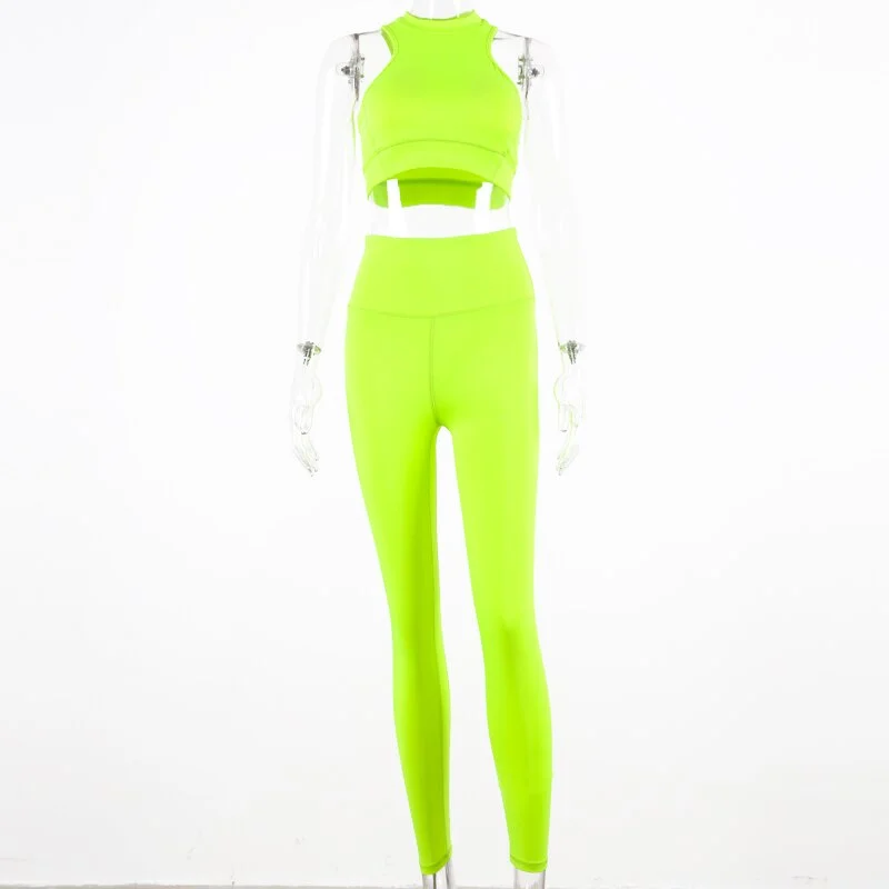 Abebey Sleeveless Camis Elastic Leggings Two 2 Pieces Neon Pink Set  Summer Women Fashion Stretchy Casual Set