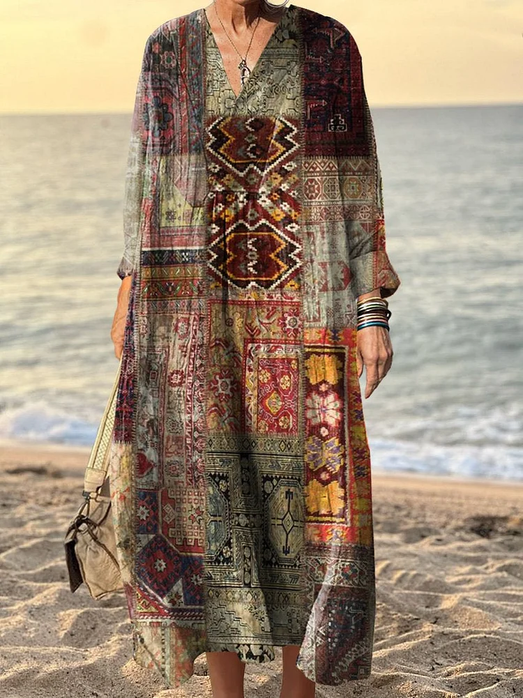 Women's Vintage Dark Patchwork Art Print Dress