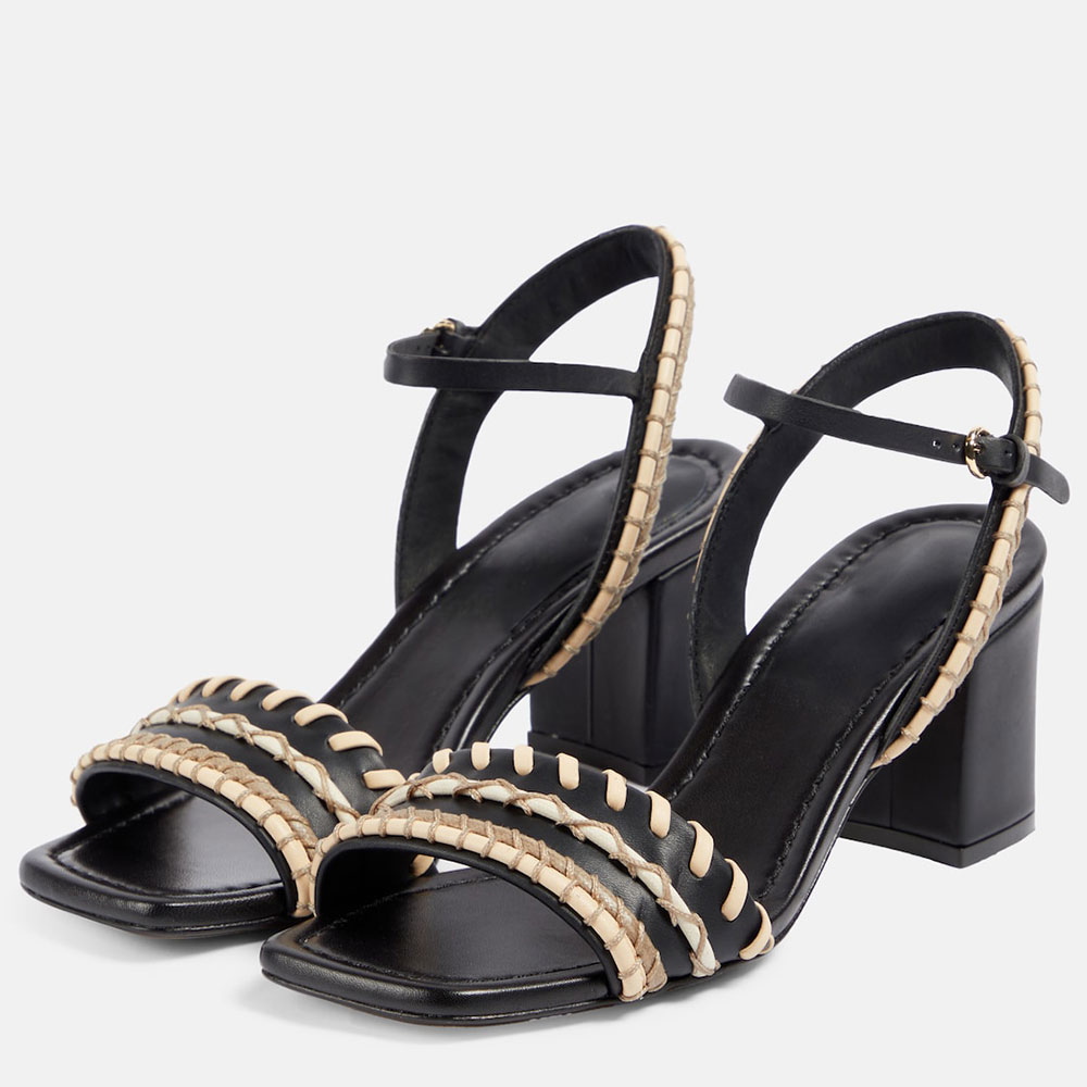 Black Square Toe 3'' Chunky Heel Buckle Stitched Ankle Strap Sandals Nicepairs