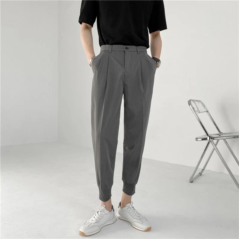 Woherb 2021 New Summer Men's White Suit Pants Korean Stylish Trousers Male Elastic Waist Solid Tapered Ankle Length Casual Pants Man