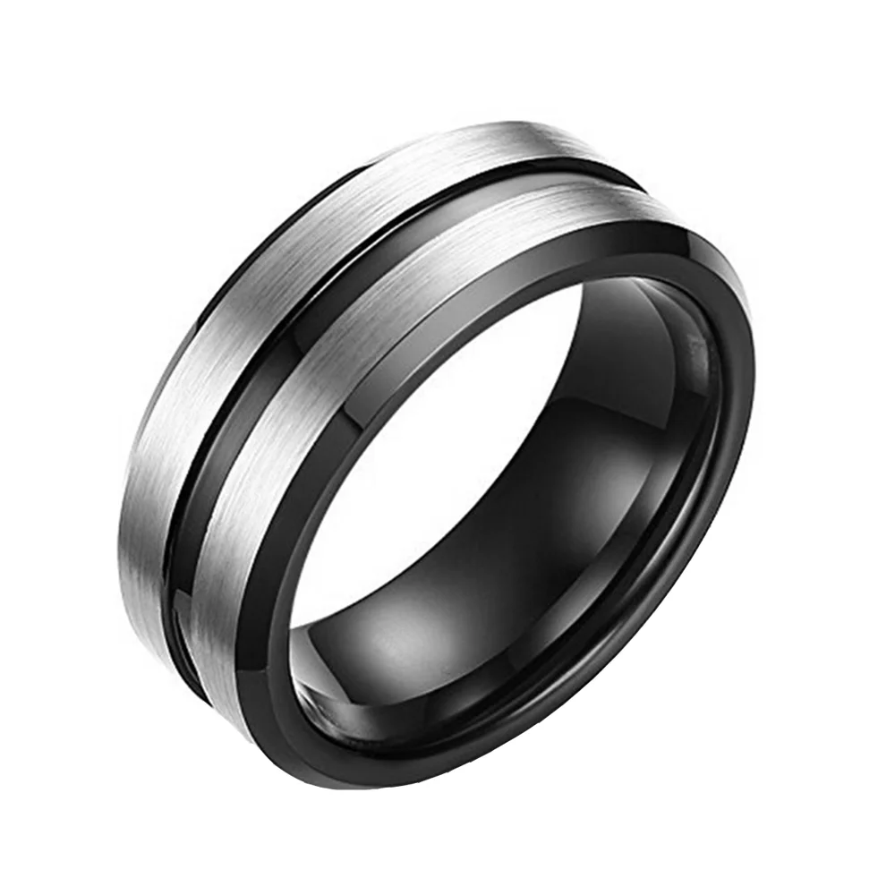 8MM Silver Brushed Beveled Edges Black Tungsten Grooved Rings
