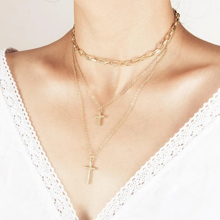 Multi Layer Cross Necklace Women Chocker Cuban Chain Necklace