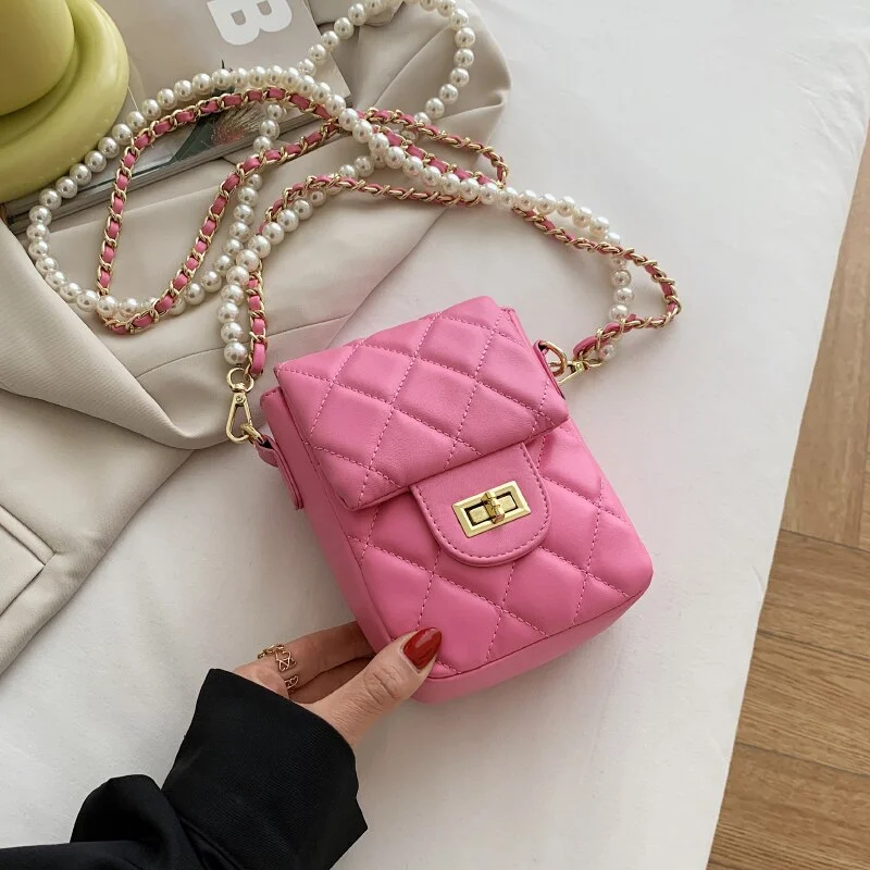 էѧӧܧ Pearl Chain Design PU Leather Crossbody Bags For Women 2021 Summer Shoulder Handbags Purses Lady Party Purses