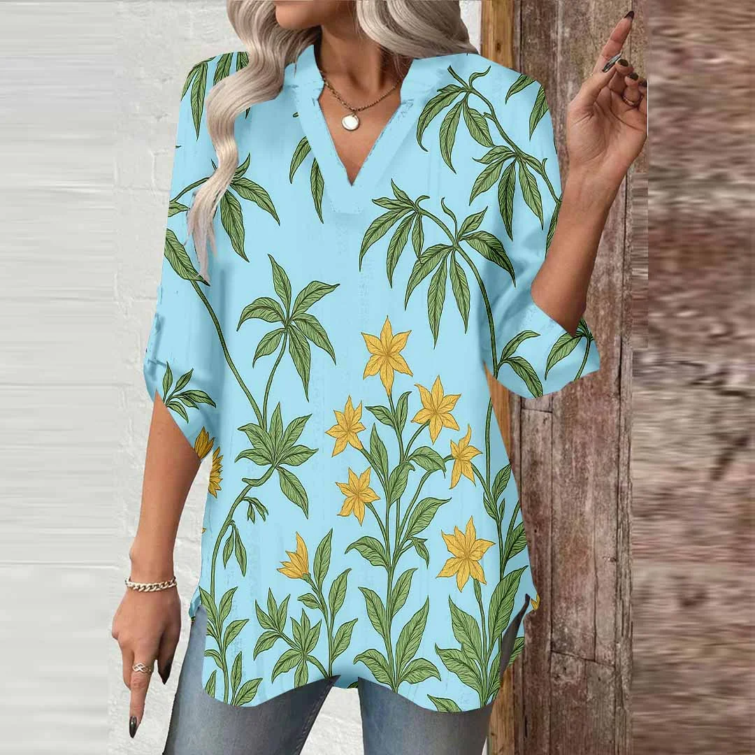 Women Flowers, Blue, Green DZGA0372 3/4 Sleeve V-neck Printed Graphic Button Tops