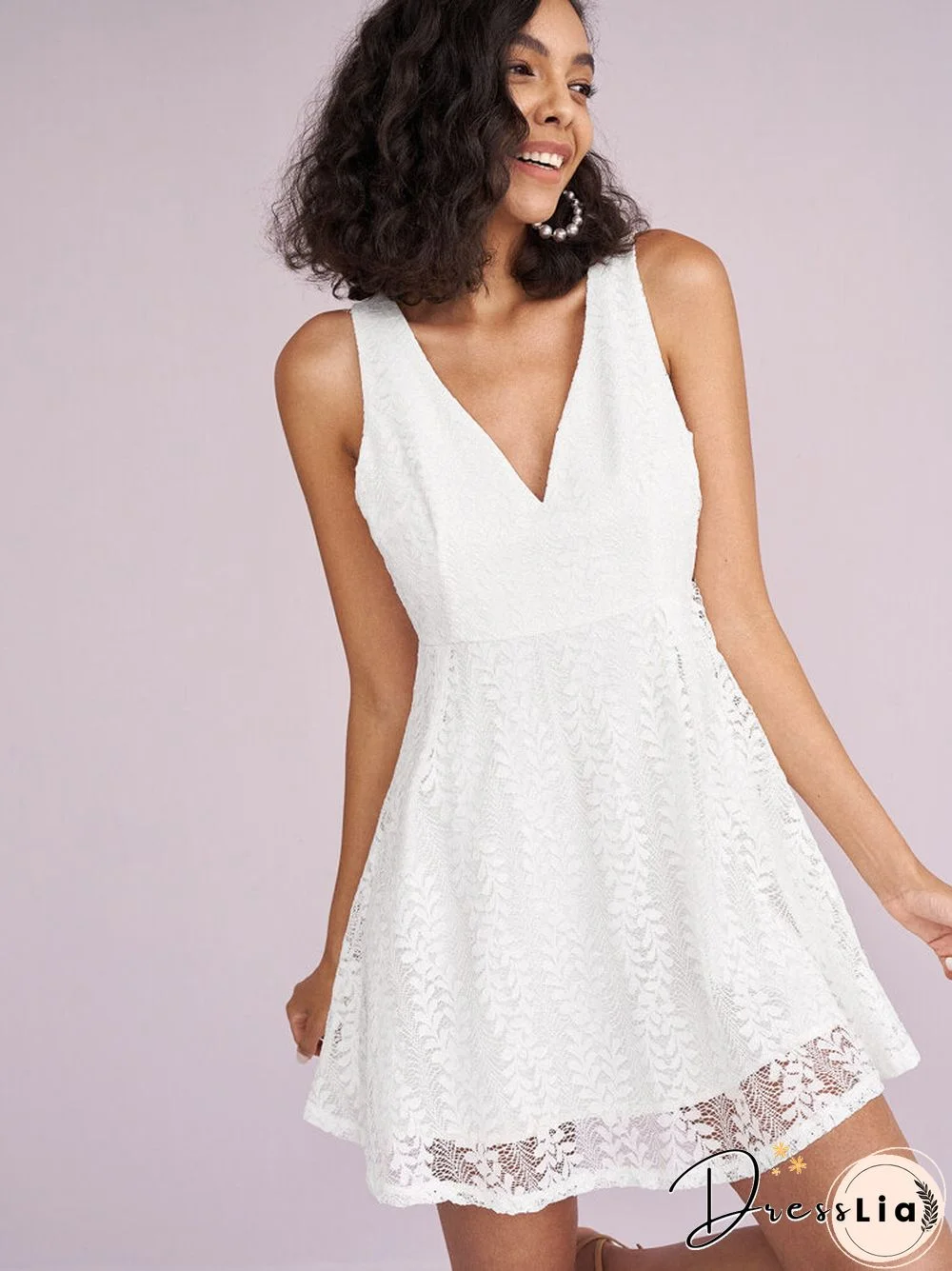 Lace Stitch Solid Sleeveless V-neck Invisible Zipper Dress