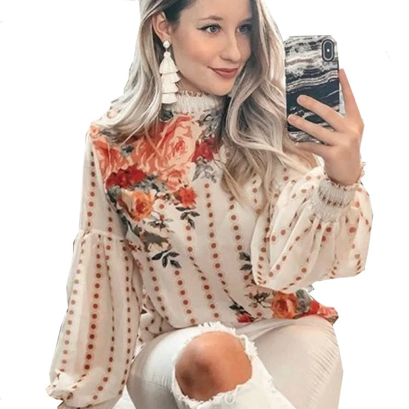 blouse women Inspired Wild vintage floral print cream long sleeve O-neck chic blouse shirt 2020 new chiffon Boho blouses shirts