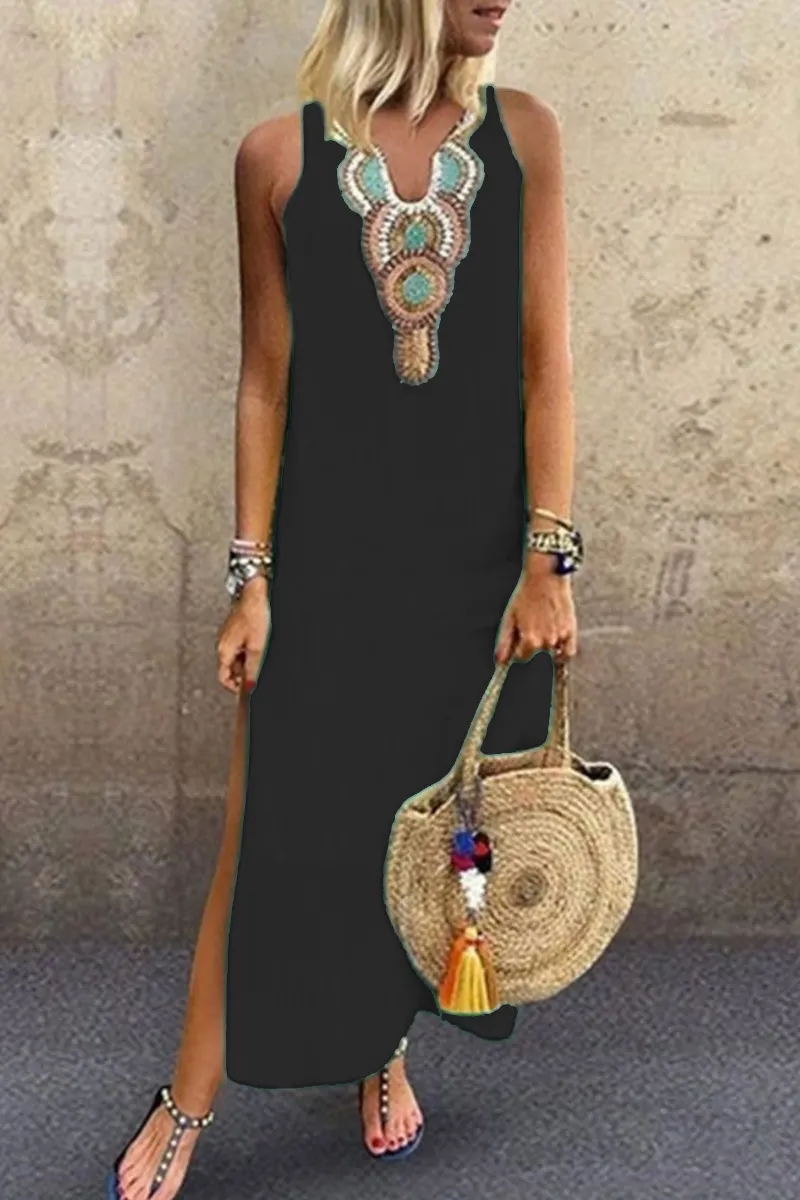 Casual Print Slit V Neck A Line Dresses(7 Colors)