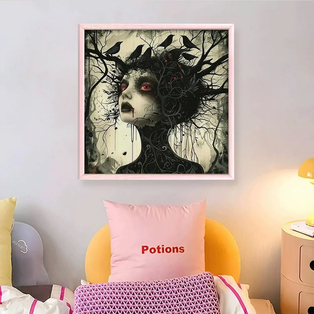 11CT Full Stamped Cross Stitch - Crow Girl(Canvas|40*40CM)