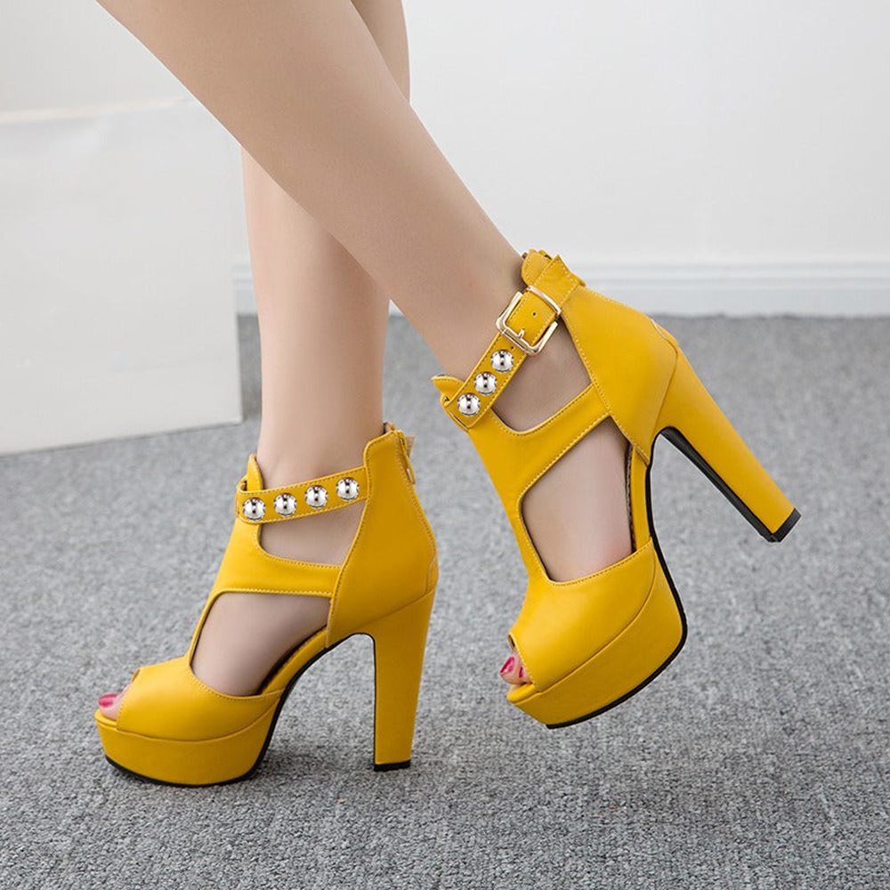 Yellow Peep Toe 4'' Chunky Heel Strappy Platform Pumps with Rivet Nicepairs