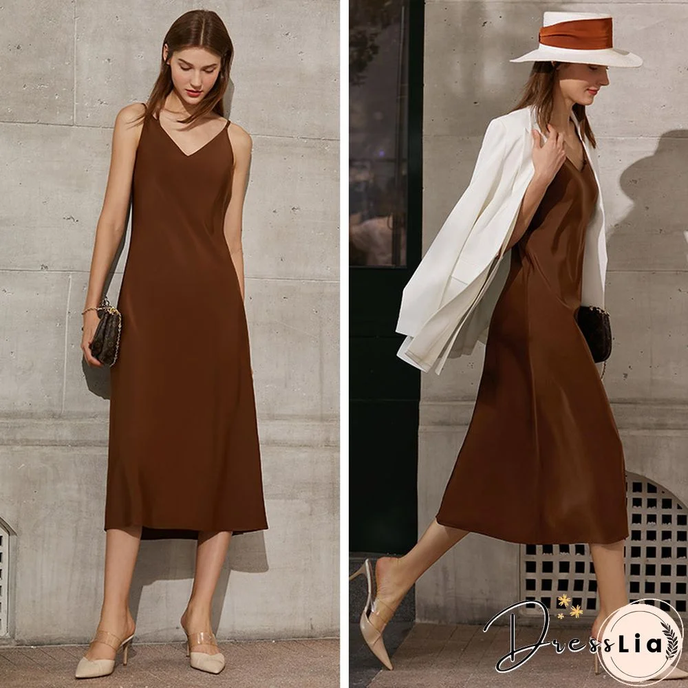 Minimalism Vintage Womens Summer Dress Offical Lady Solid Vneck Slim Fit Aline Calf Length Beach Dress For Women 12130034