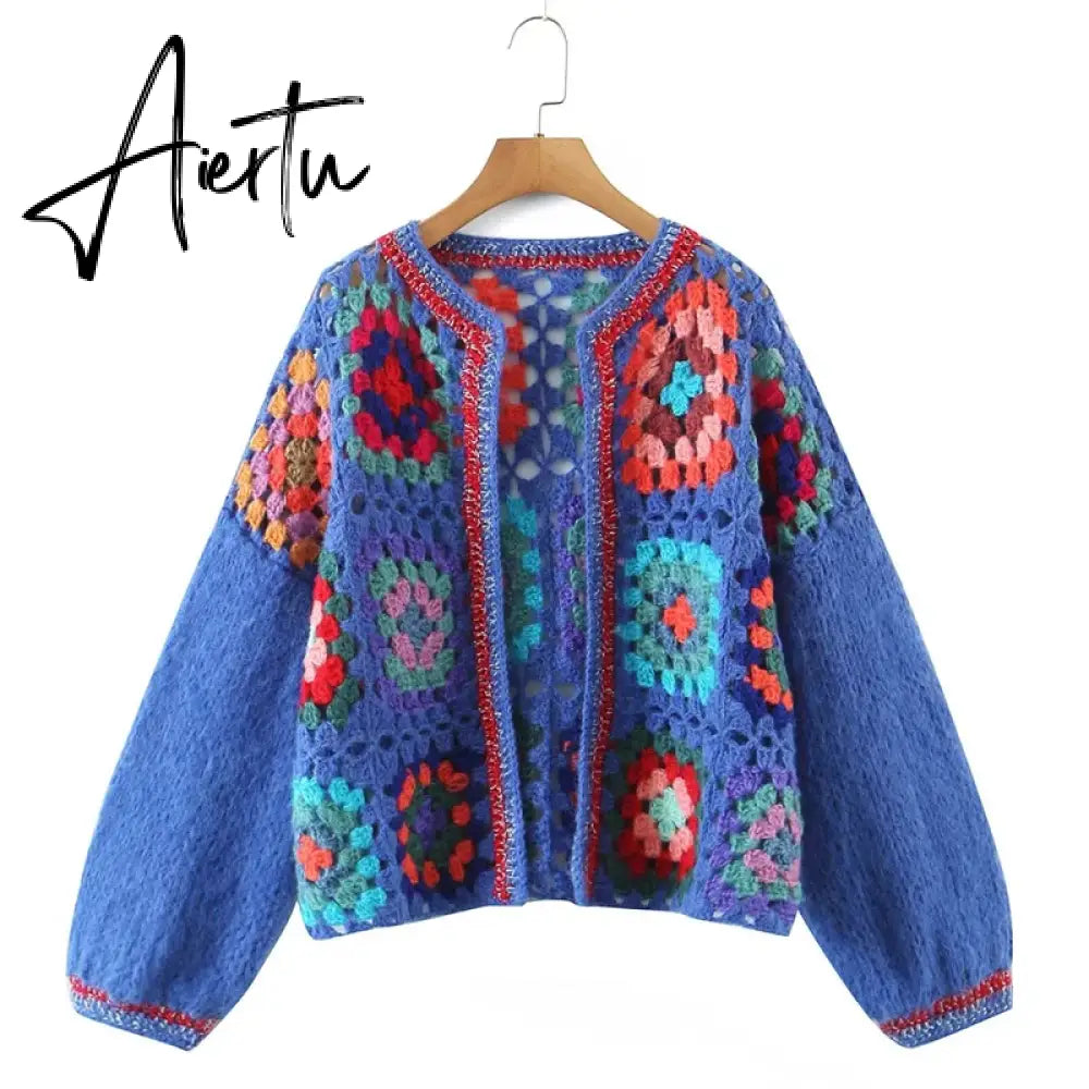Casual Patchwork Women Knitted Cardigans Autumn Long Lantern Sleeve Crochet Sweaters Female O-neck Loose Elegant Streetwear Aiertu