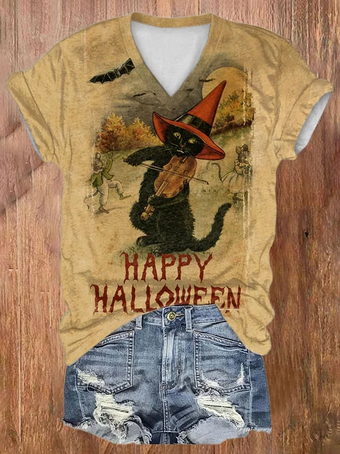 V-Neck Happy Halloween Black Cat Print T-Shirt