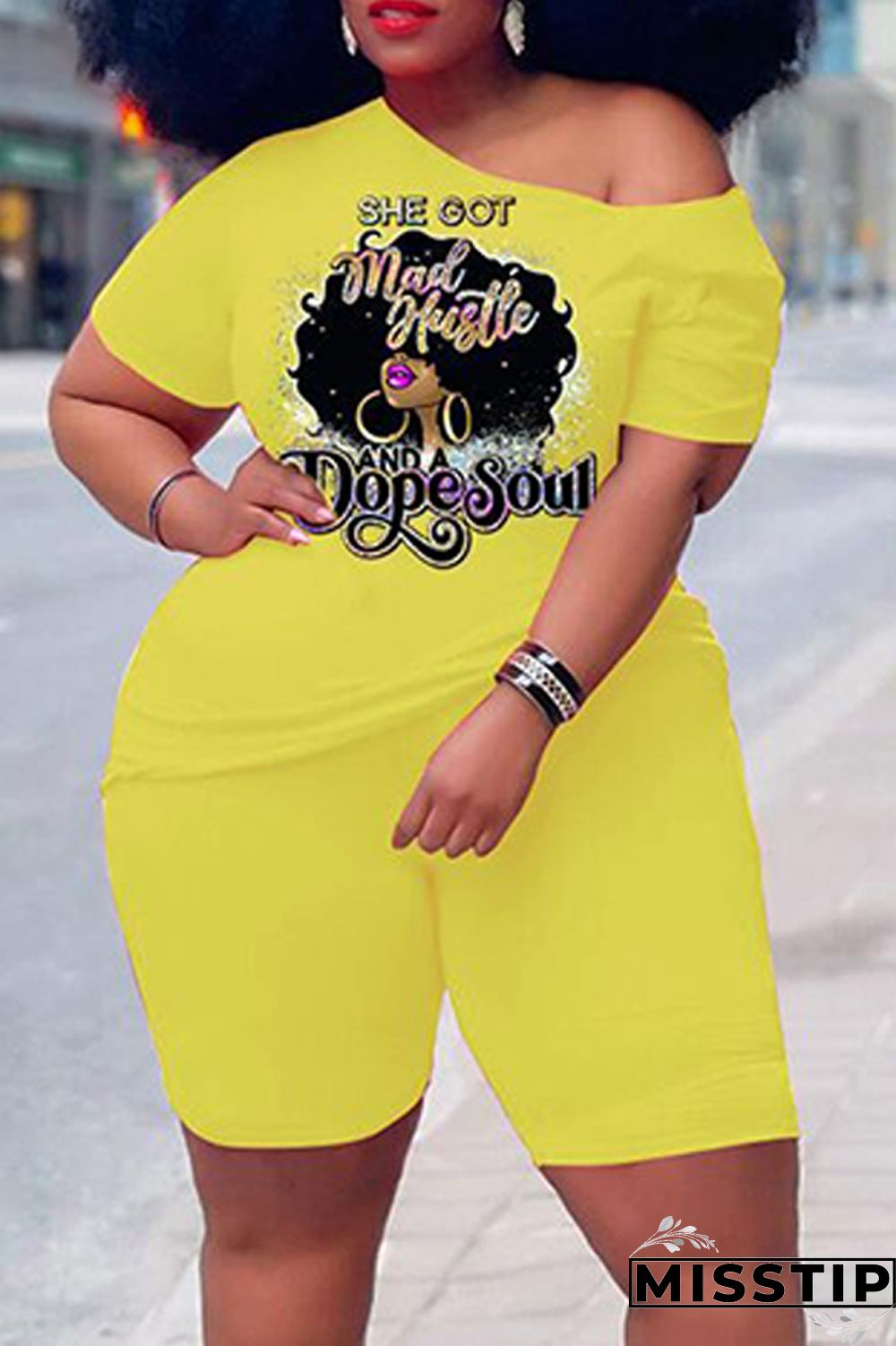 Orange Casual Print Basic Oblique Collar Plus Size Two Pieces