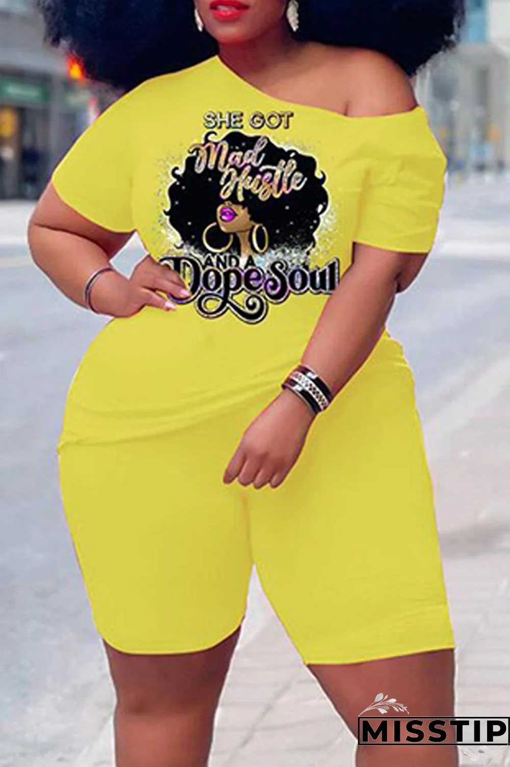 Yellow Casual Print Basic Oblique Collar Plus Size Two Pieces