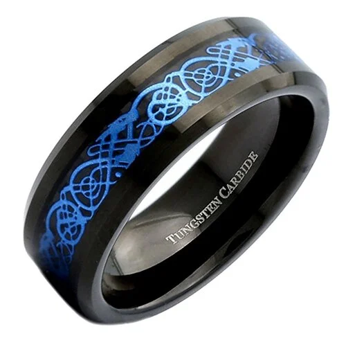 6MM 8MM Women or Men's Tungsten Carbide Wedding Rings Black Resin Inlay Sky Blue Celtic Dragon Knot