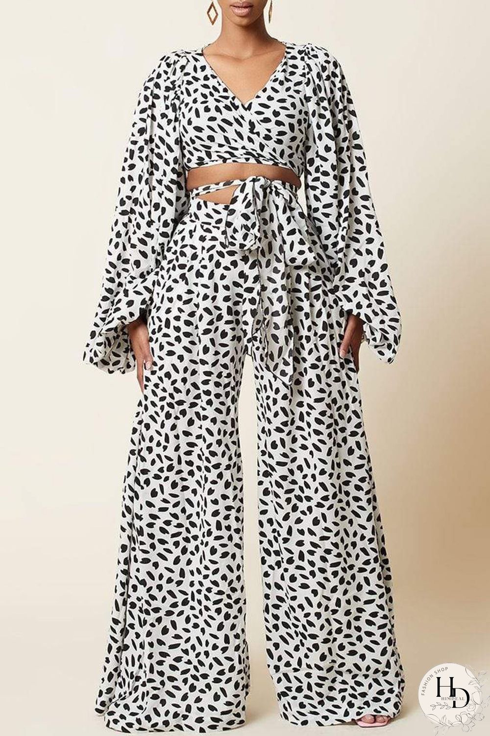 Black Fashion Casual Print Bandage V Neck Long Sleeve Two Pieces