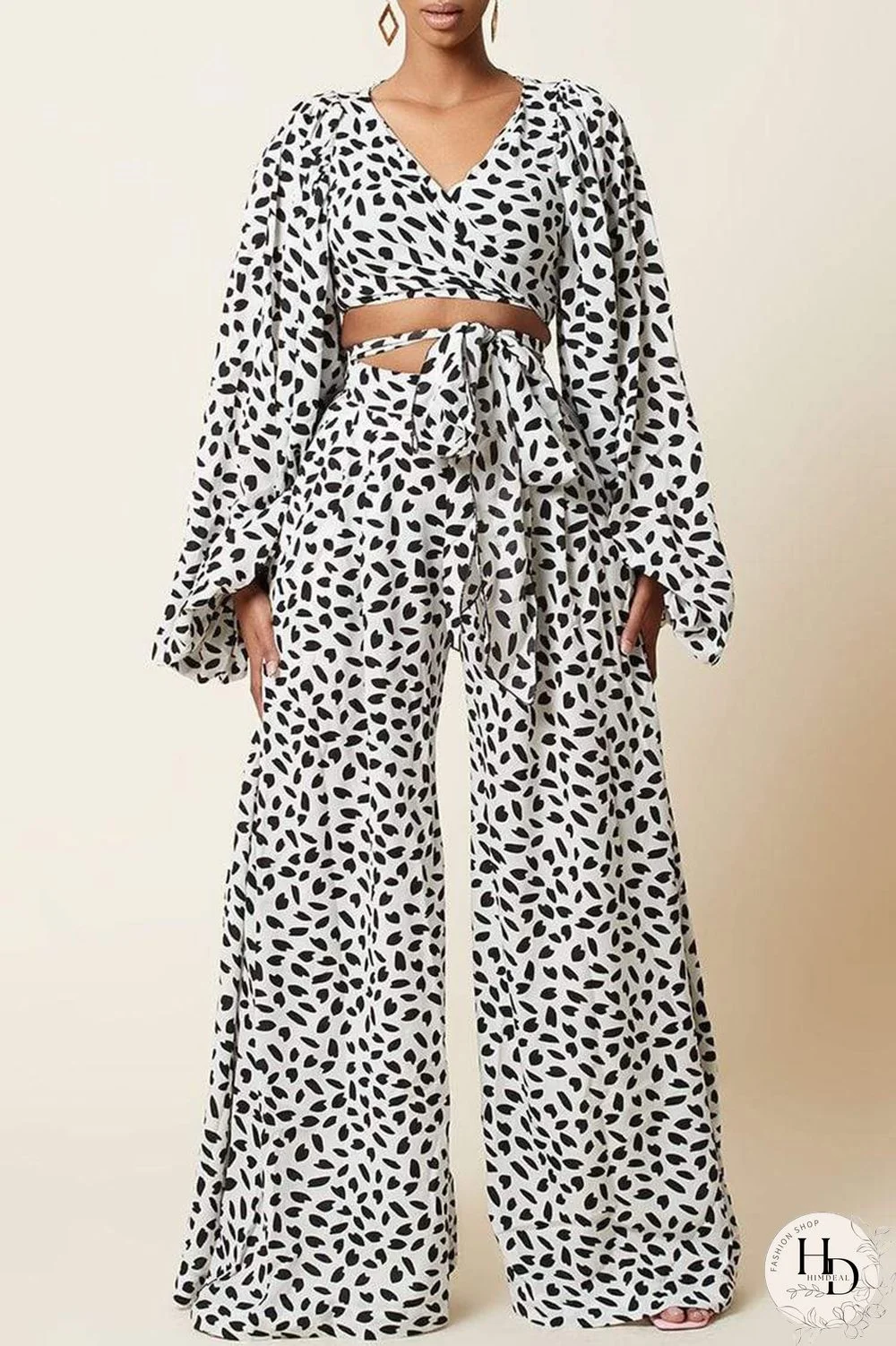 Black Fashion Casual Print Bandage V Neck Long Sleeve Two Pieces