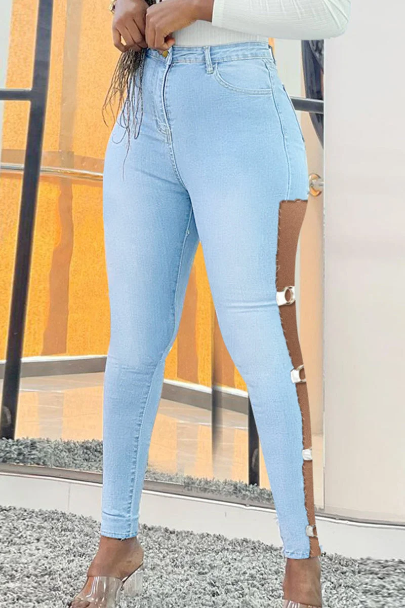 Fashion Casual Solid Hollowed Out High Waist Skinny Denim Jeans