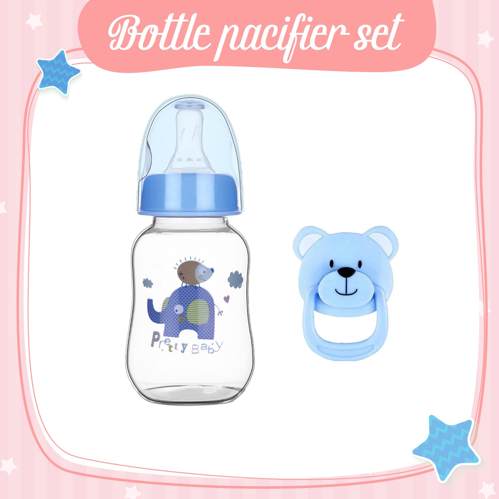 Babeside Pink Style Pacifier and Bottle 2 Piece Set Safest Reborn Baby Doll Accessories Blue bear