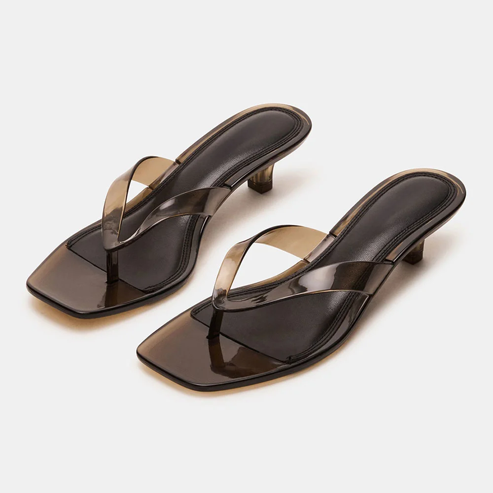 Open Toe Flip Flop Kitten Heel Clear Mules Sandals in Black
