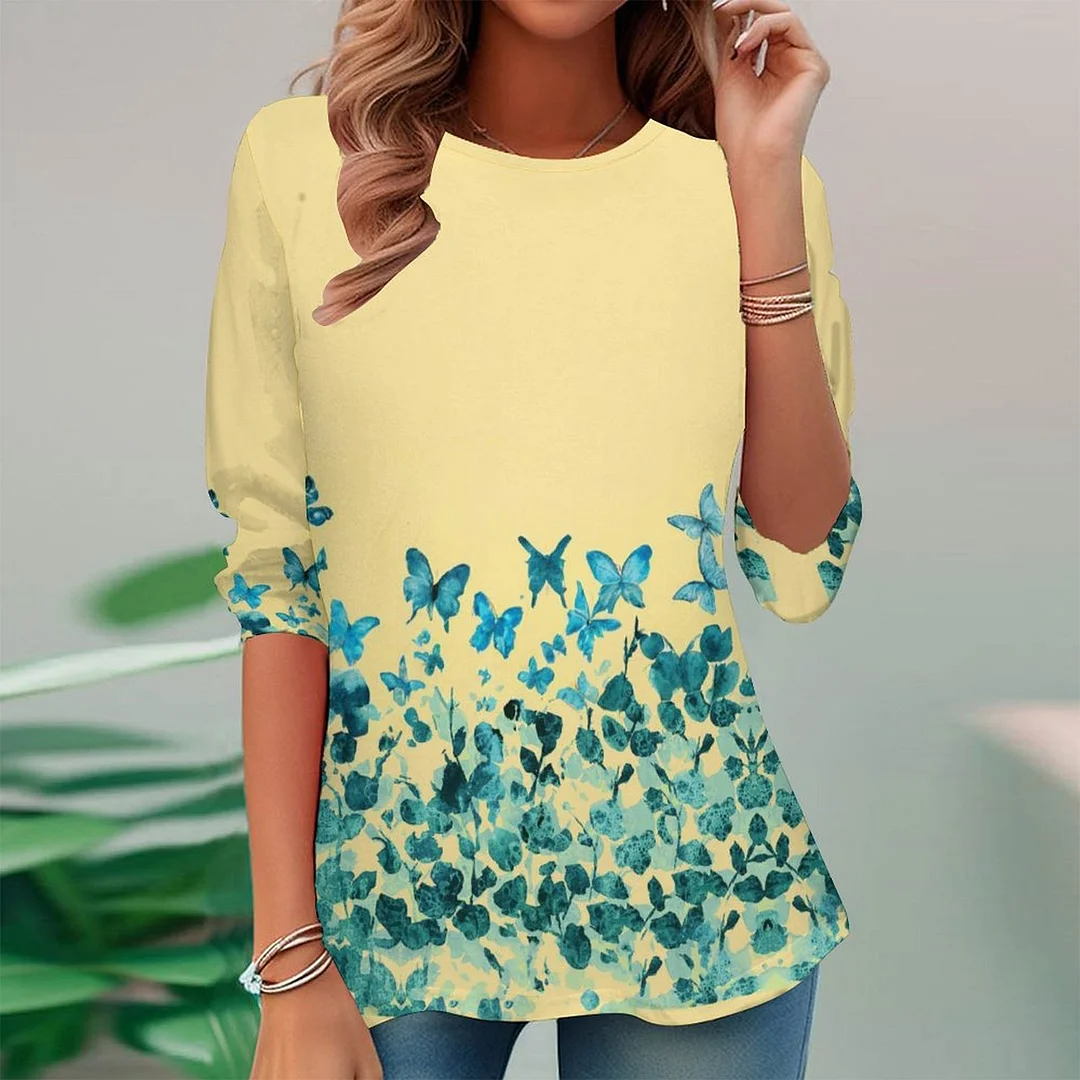 Vintage Printed Long Sleeve Plus Size Tunic for  Women and Men Unisex Pattern Blue,Yellow,Floral