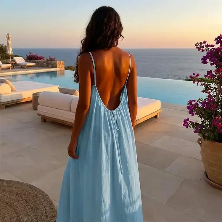 Women's Sexy Backless Solid-Color Spaghetti-Strap Maxi Dress