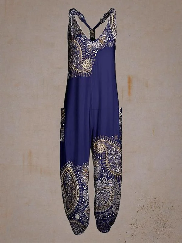 Navy & Gold Paisley Racerback Jumpsuit-Mayoulove