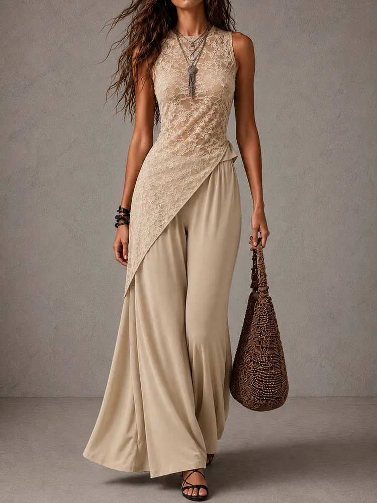 Vintage Lace Asymmetrical Top & Wide Leg Pants 2-Piece Set
