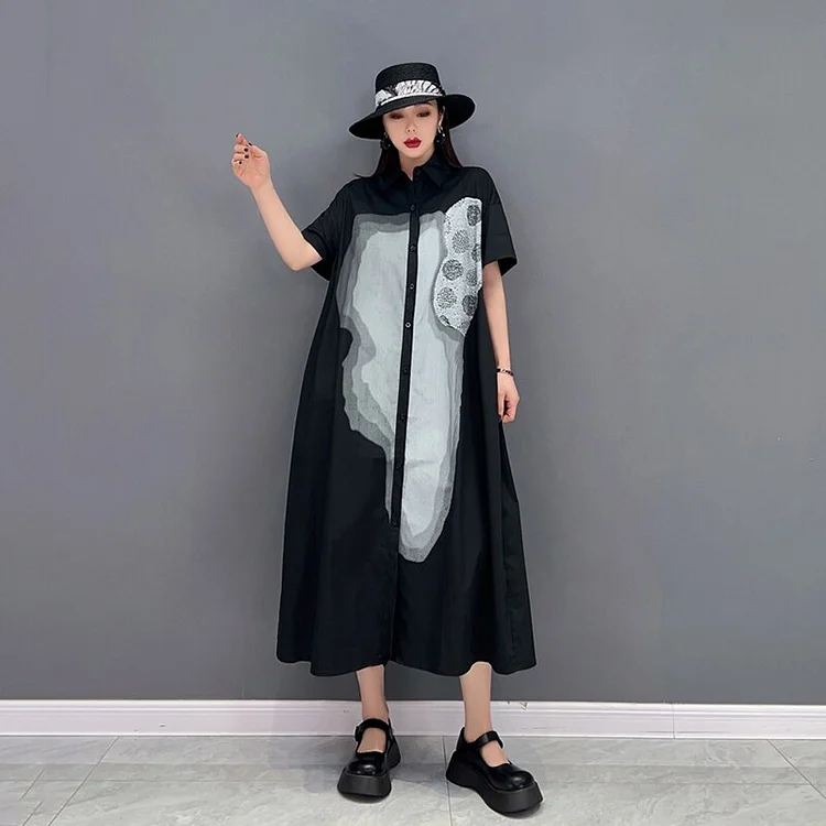 Casual Turn-down Collar Printed  Single Breasted Short Sleeve Shirt Dress      