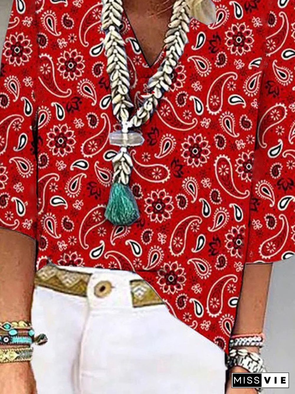 Casual Floral V Neck Loose Three Quarter Tops