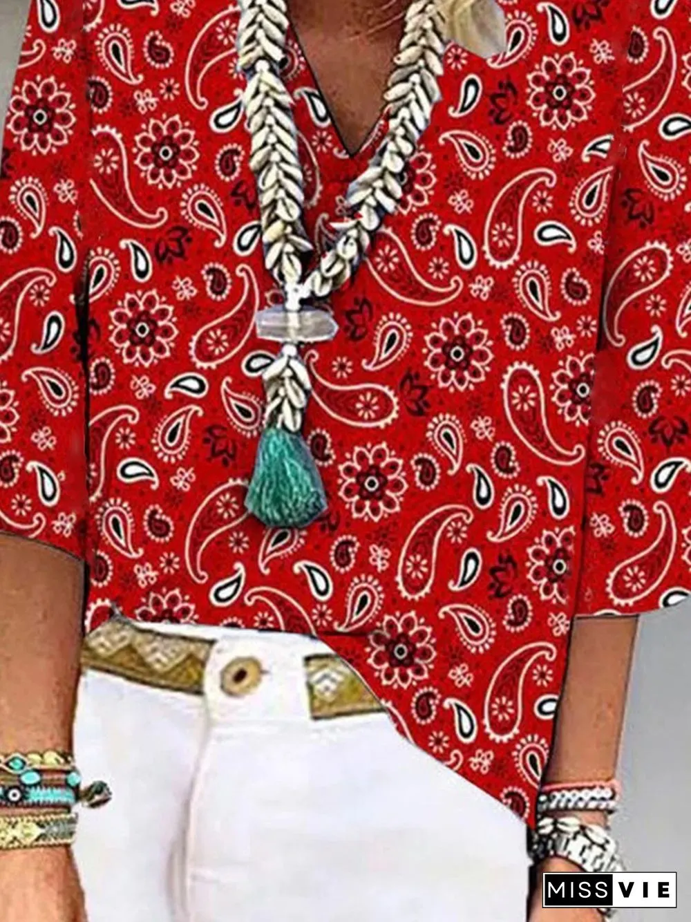Casual Floral V Neck Loose Three Quarter Tops