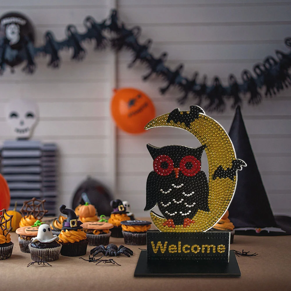 Halloween Wooden Spot Diamond Decoration Moon Owl (Single-sided Crystal Diamond)