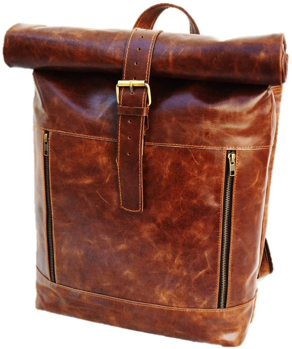 Leather Vintage Roll on Laptop Backpack For Men