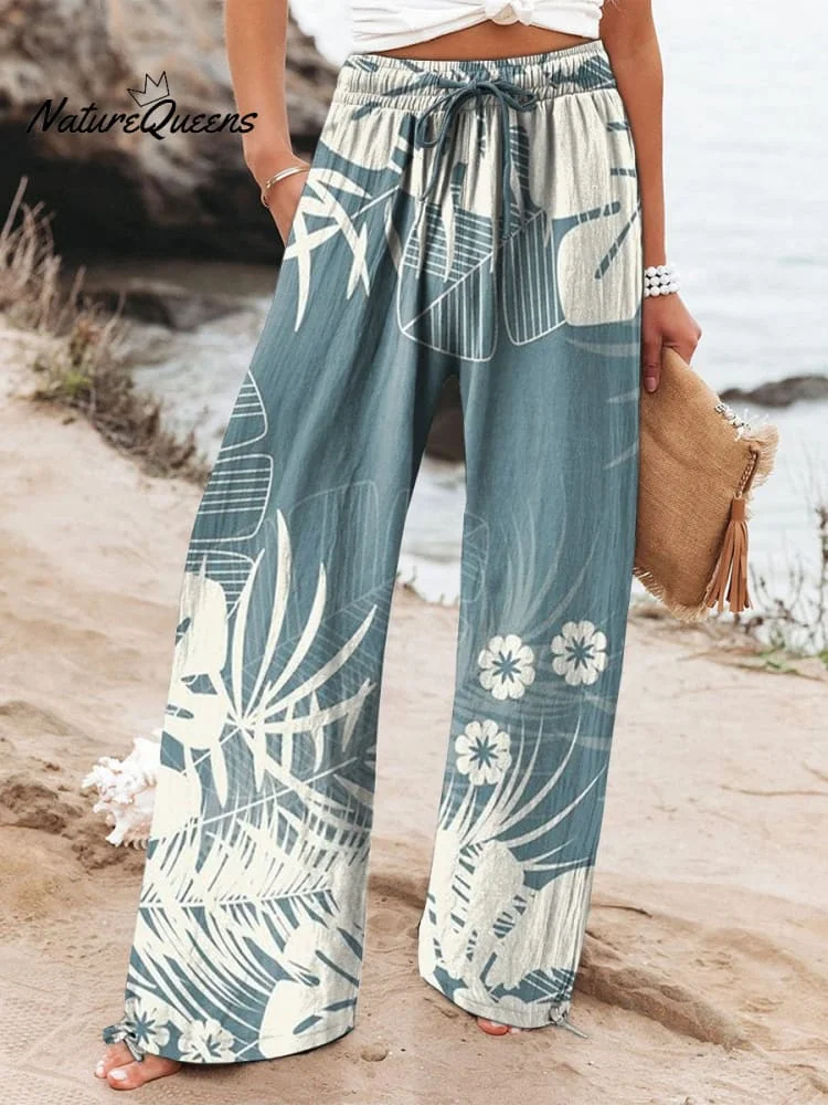 Women's Vacation Beach Sage Blue Tropical Palm Leaves Printed Cotton And Linen Casual Pants