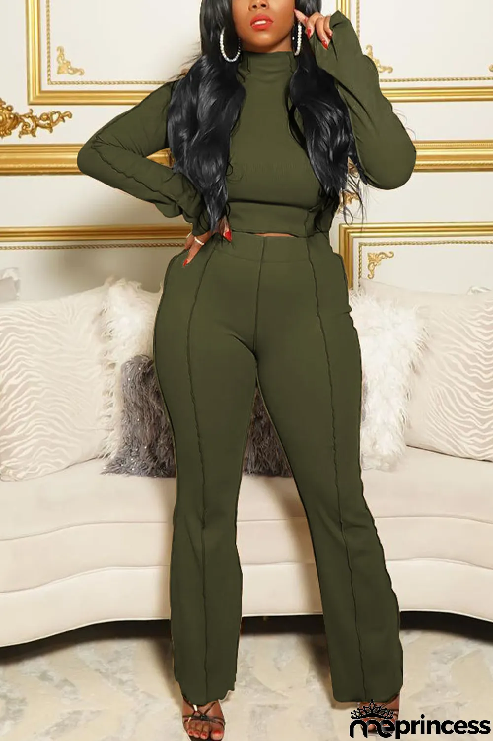 Army Green Casual Solid Flounce Half A Turtleneck Long Sleeve Two Pieces