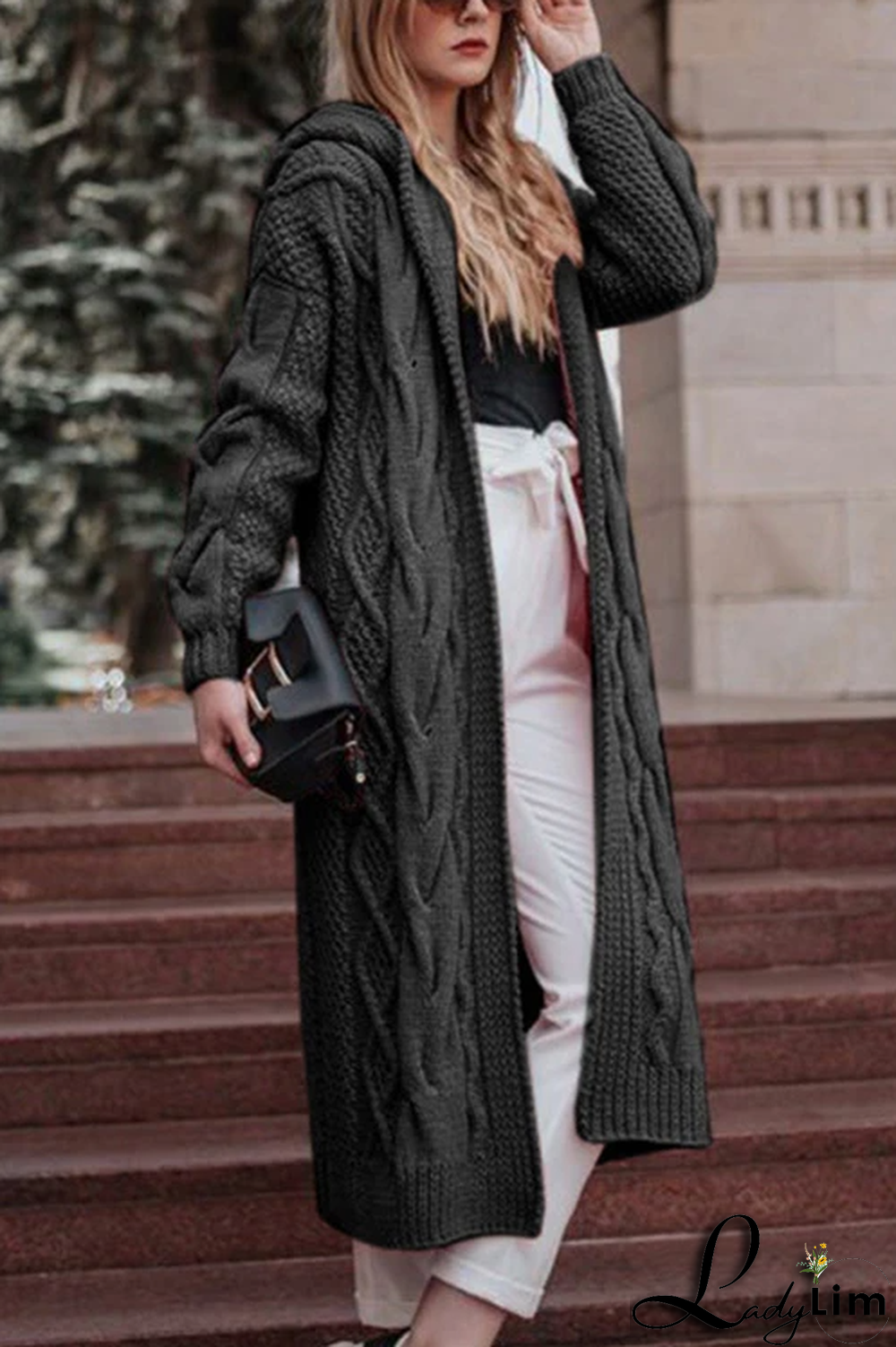 Solid Knit Hooded Sweater Cardigan
