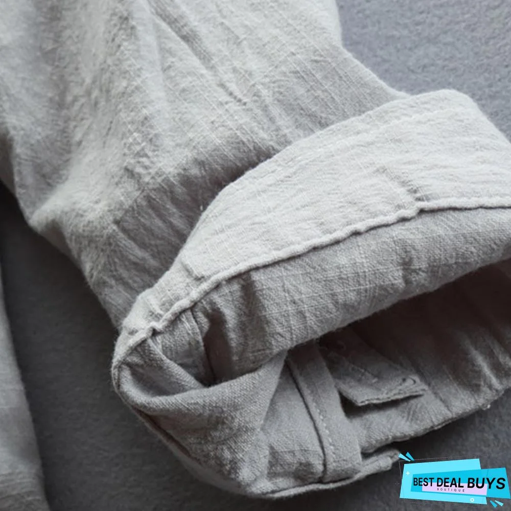 Men Spring/Fall 3/4 Sleeve Loose Turndown Collar Shirts Linen