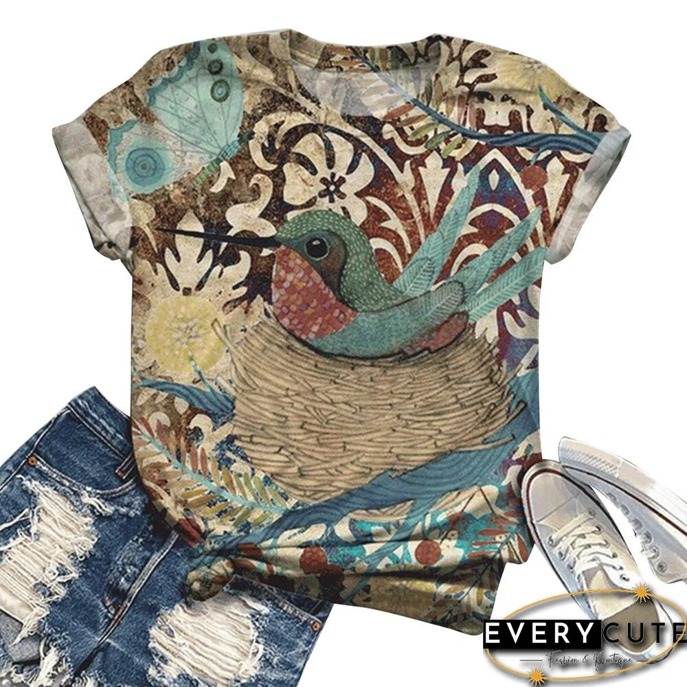 Summer Women New Fashion Bird Printed T-Shirts Short Sleeve Loose Tops Round Neck Harajuku Summer Ladies Shirts Streetwear D30