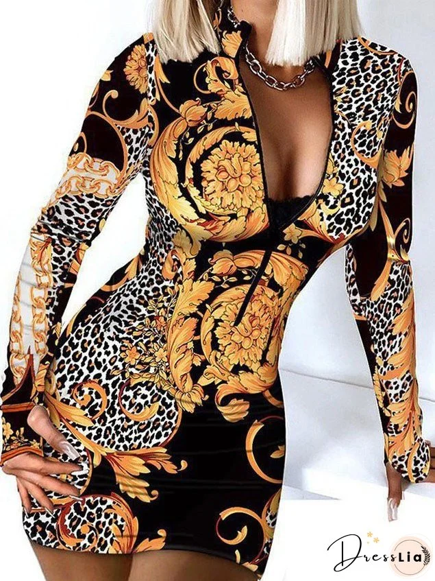 Dresses Printed Zip Long Sleeve Slim Fit Dress for Women