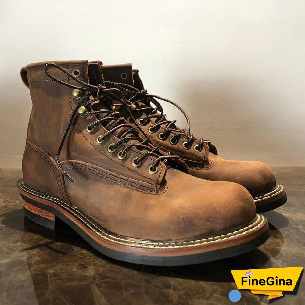 Vintage Lace-Up New Genuine Leather Platform Men Ring Black Red Ankle Boots Dress Work Casual Motorcycle Boots