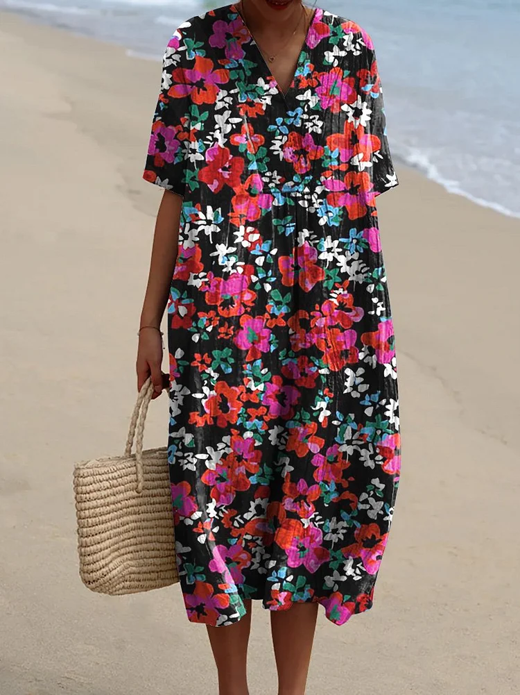 Bright Summer Floral Pattern Printed Women's Flowy Dress