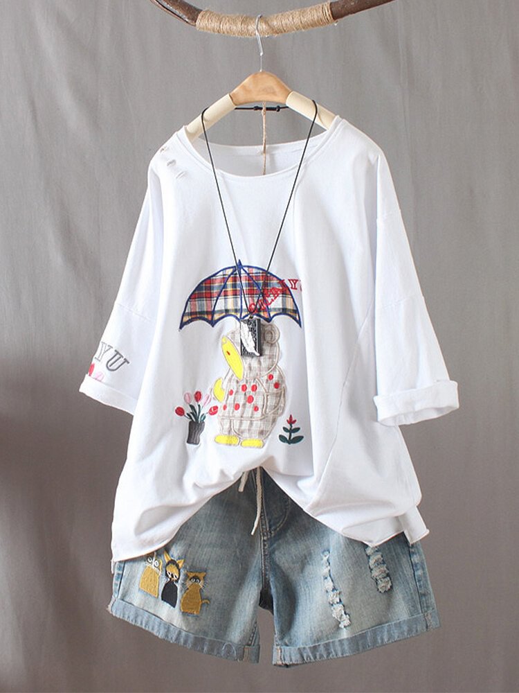 Cartoon Embroidery Short Sleeve O neck Casual T shirt P1691359